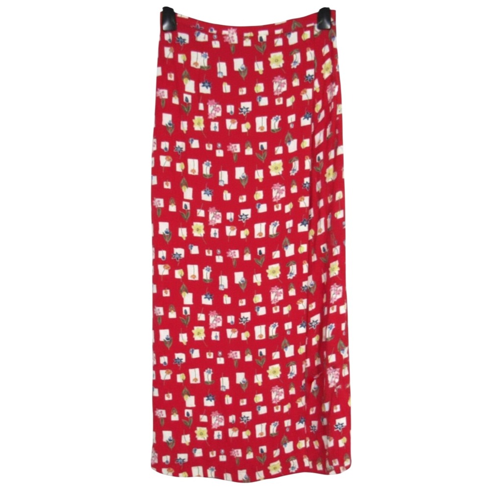 VTG RIVER RIDGE Red Twill FLORAL/GEOMETRIC Slit Back FAUX WRAP MIDI Skirt S/M/10